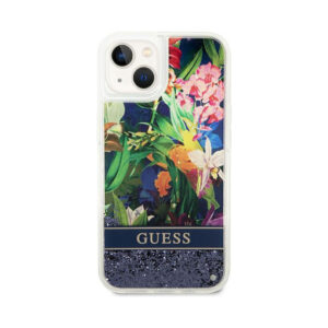 Coque iPhone 14 Plus Guess Liquid Glitter Flower bleue — visuel 3