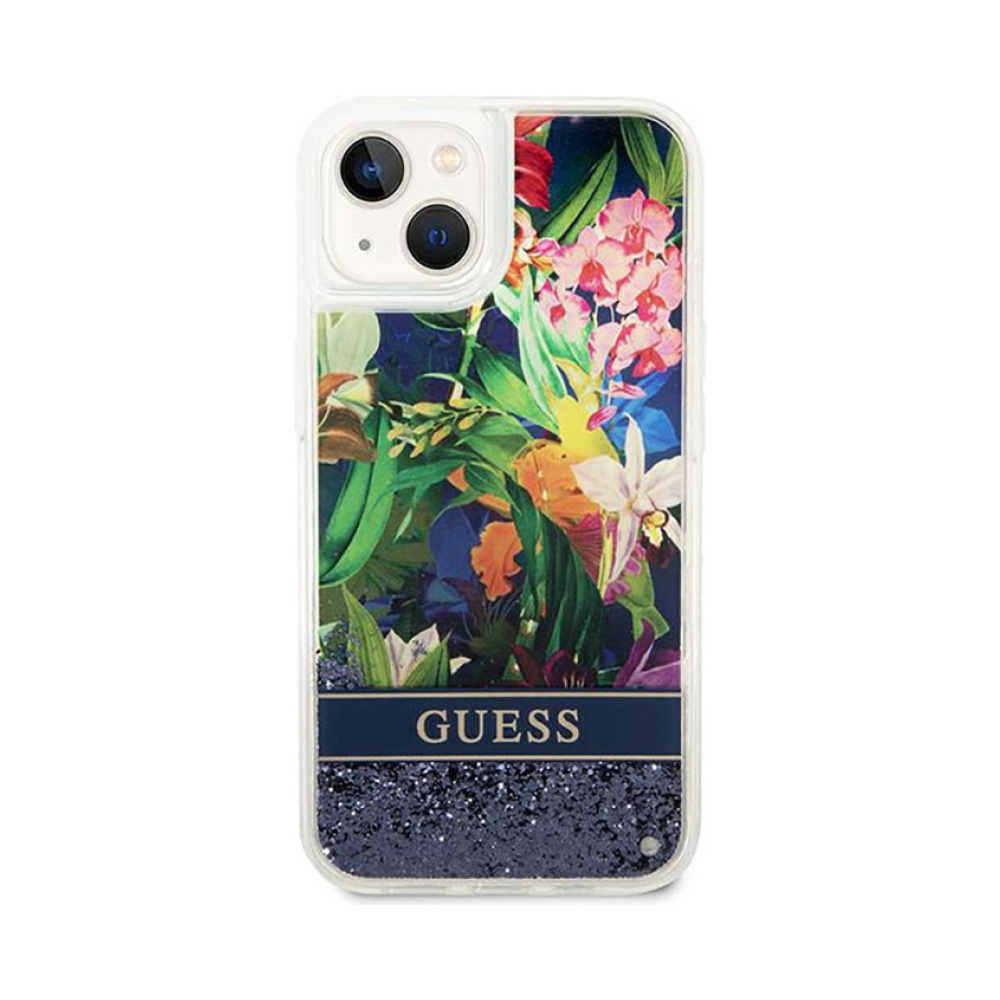 Coque iPhone 14 Plus Guess Liquid Glitter Flower bleue — visuel 3