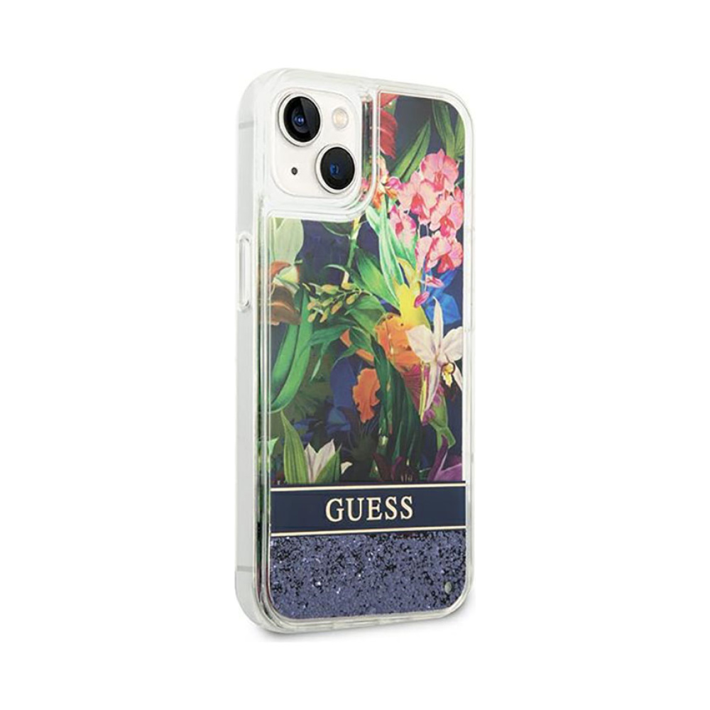 Coque iPhone 14 Plus Guess Liquid Glitter Flower bleue — visuel 4