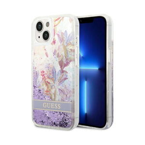 Coque iPhone 14 Plus Guess Liquid Glitter Flower violette
