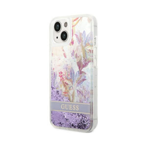 Coque iPhone 14 Plus Guess Liquid Glitter Flower violette — visuel 2