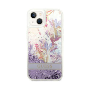 Coque iPhone 14 Plus Guess Liquid Glitter Flower violette — visuel 3