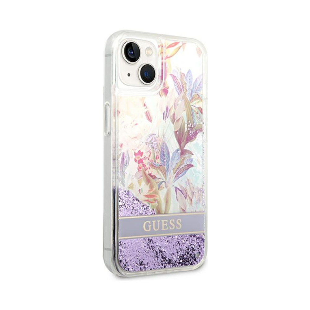 Coque iPhone 14 Plus Guess Liquid Glitter Flower violette — visuel 4