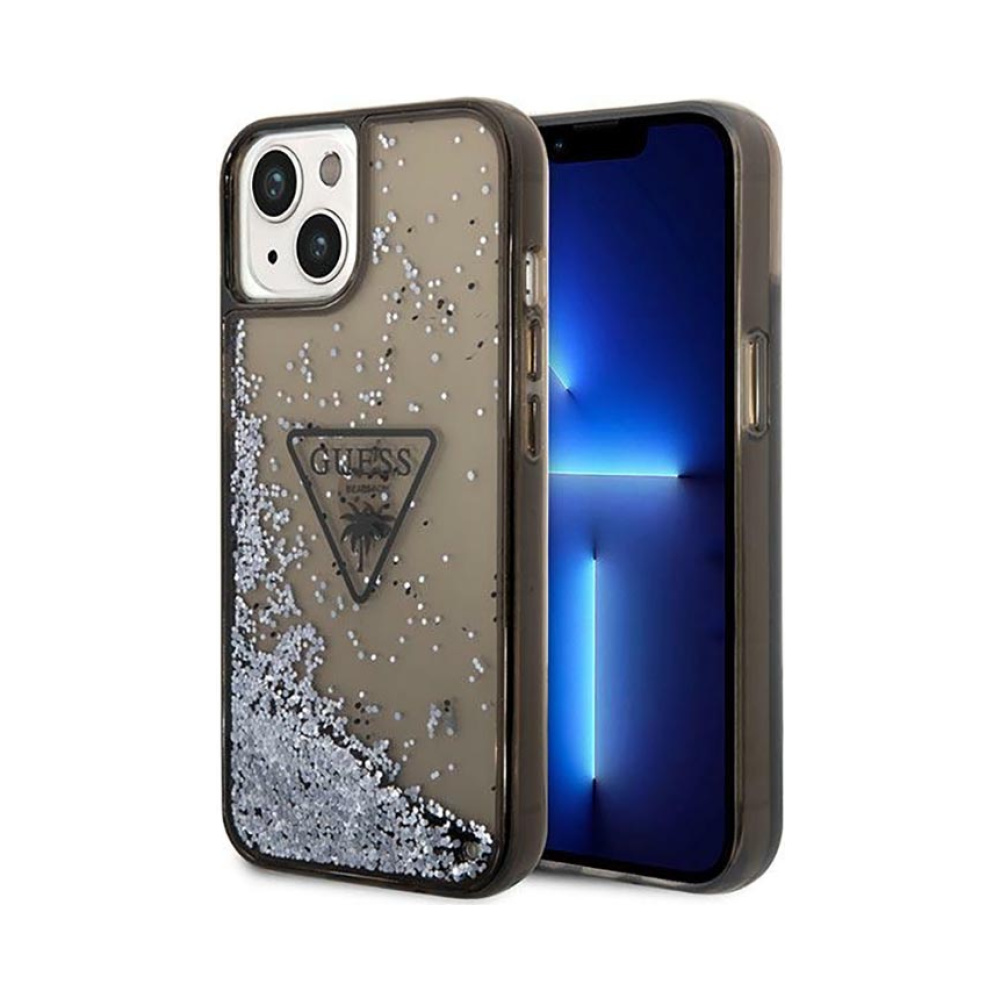 Coque iPhone 14 Plus Guess Liquid Glitter Triangle Logo Case noire