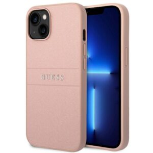 Coque iPhone 14 Plus Guess Saffiano Metal Logo Stripes rose