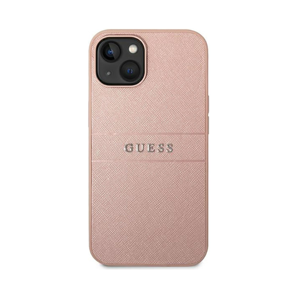 Coque iPhone 14 Plus Guess Saffiano Metal Logo Stripes rose — visuel 3