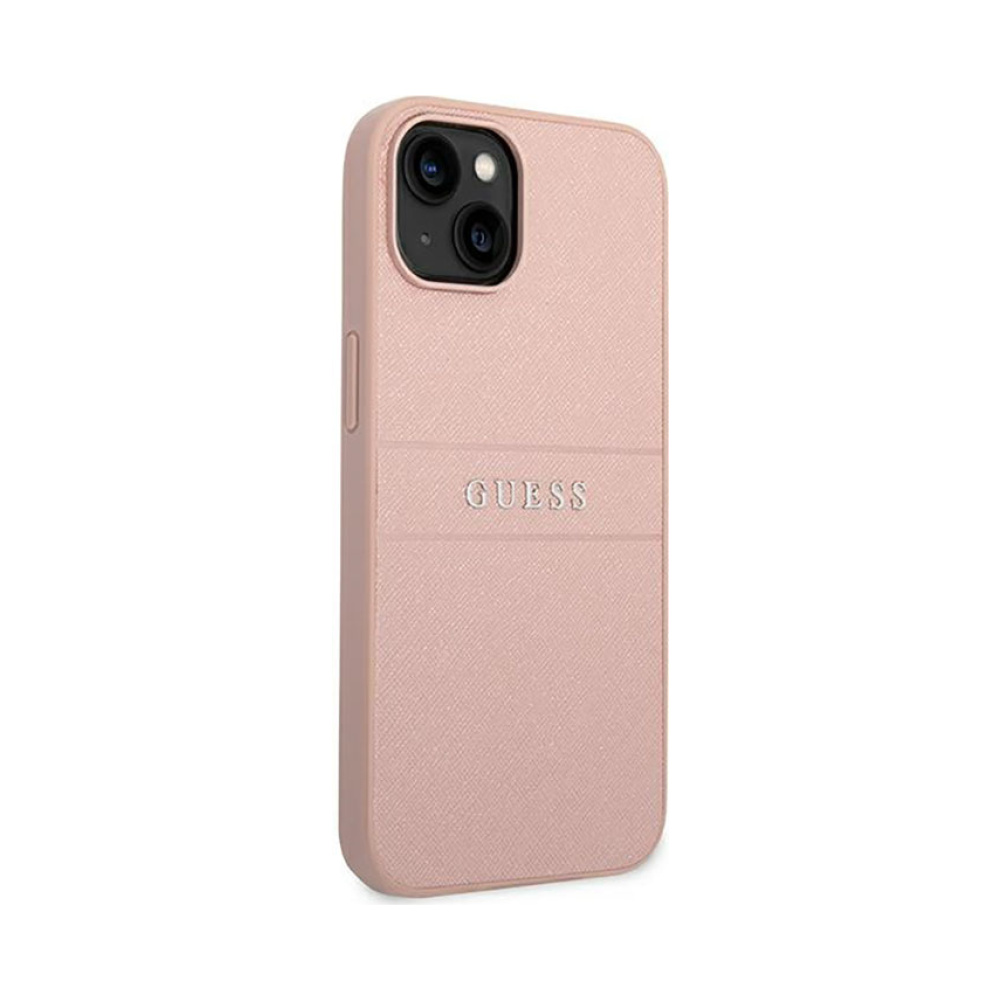Coque iPhone 14 Plus Guess Saffiano Metal Logo Stripes rose — visuel 4