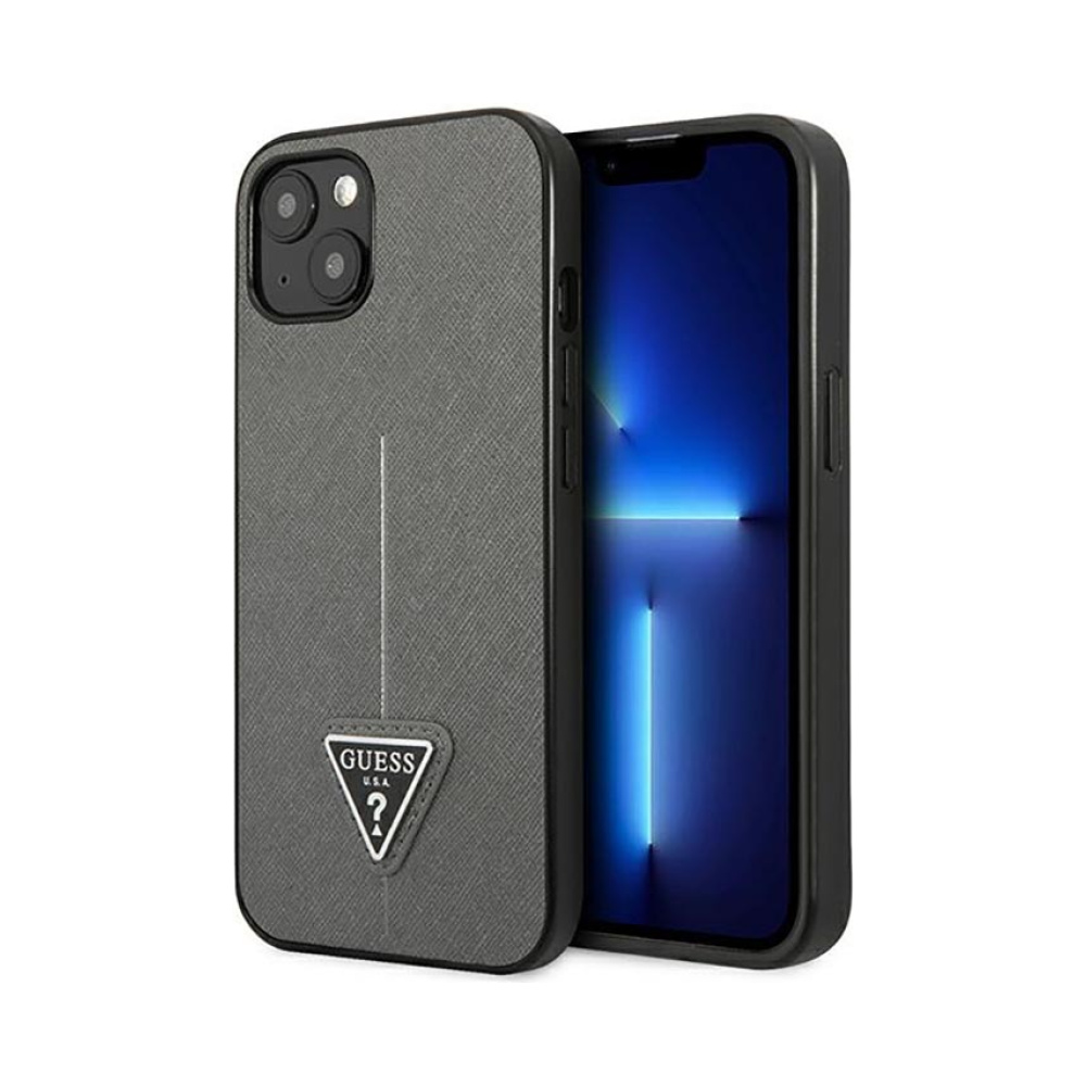 Coque iPhone 14 Plus Guess Saffiano Triangle Logo Case argentée
