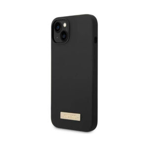 Coque iPhone 14 Plus Guess Silicone Logo Plate MagSafe noire — visuel 2