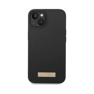 Coque iPhone 14 Plus Guess Silicone Logo Plate MagSafe noire — visuel 3