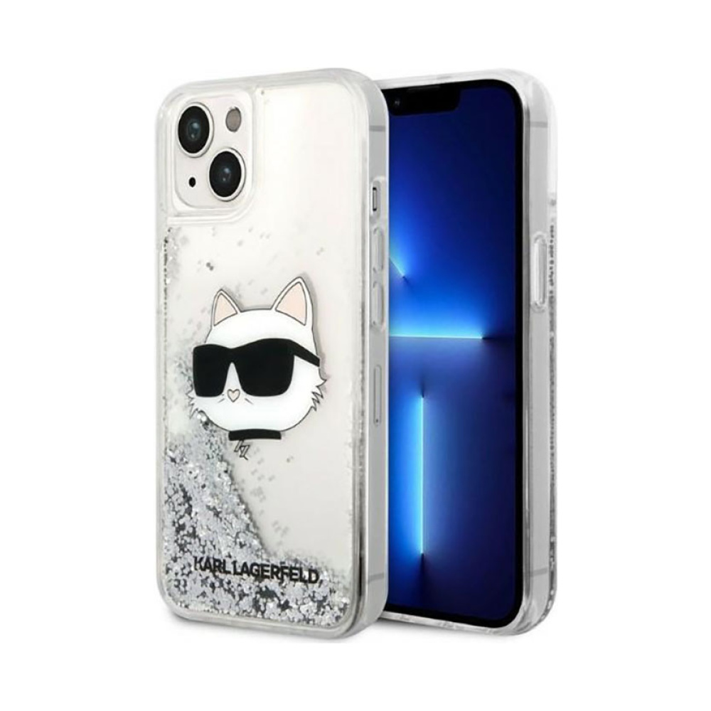 Coque iPhone 14 Plus Karl Lagerfeld Liquid Glitter NFT Choupette Head argentée