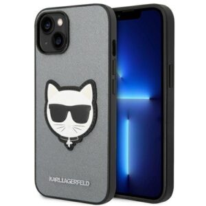 Coque iPhone 14 Plus Karl Lagerfeld Saffiano Choupette Head Patch Case argentée