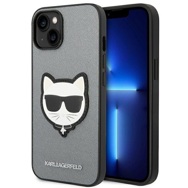 Coque iPhone 14 Plus Karl Lagerfeld Saffiano Choupette Head Patch Case argentée
