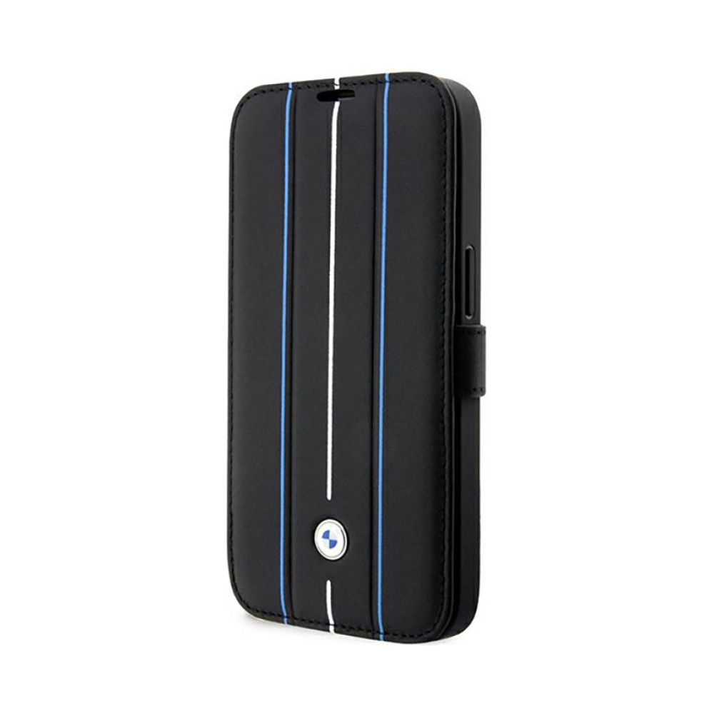 Coque iPhone 14 Pro BMW Booktype Leather Stamp Blue Lines noire