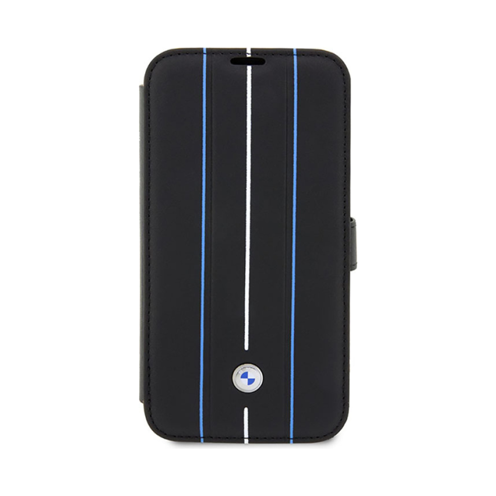 Coque iPhone 14 Pro BMW Booktype Leather Stamp Blue Lines noire — visuel 2