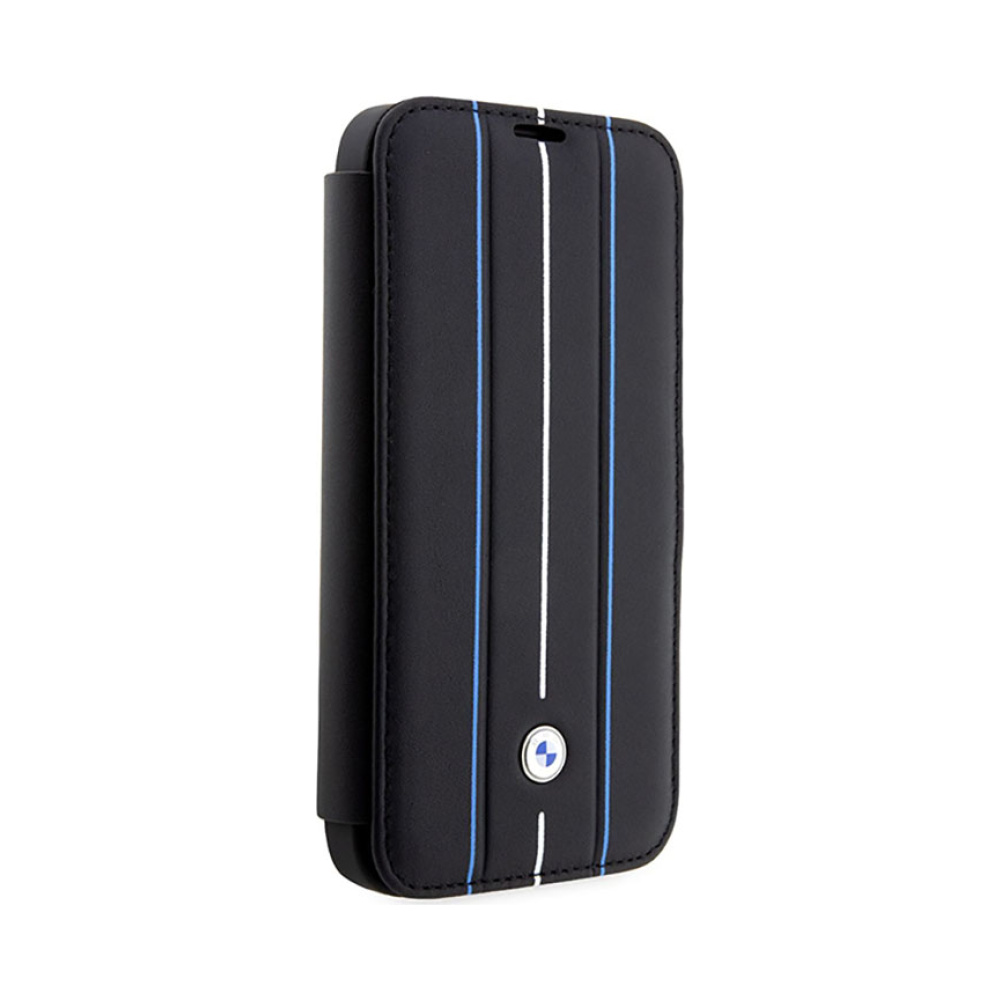 Coque iPhone 14 Pro BMW Booktype Leather Stamp Blue Lines noire — visuel 3