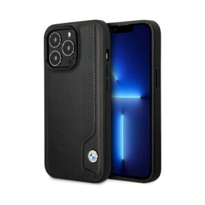 Coque iPhone 14 Pro BMW Leather Blue Dots noire