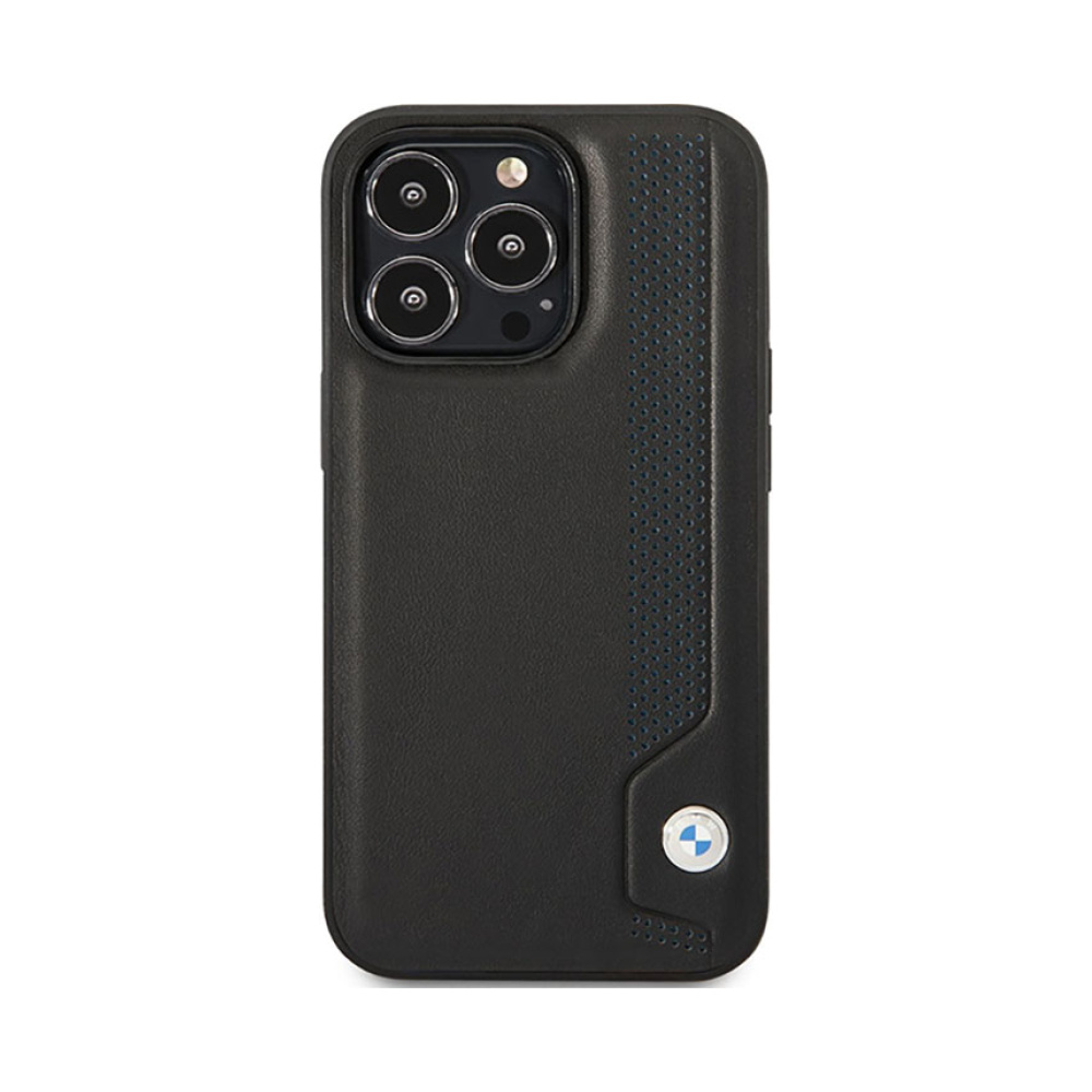 Coque iPhone 14 Pro BMW Leather Blue Dots noire — visuel 3