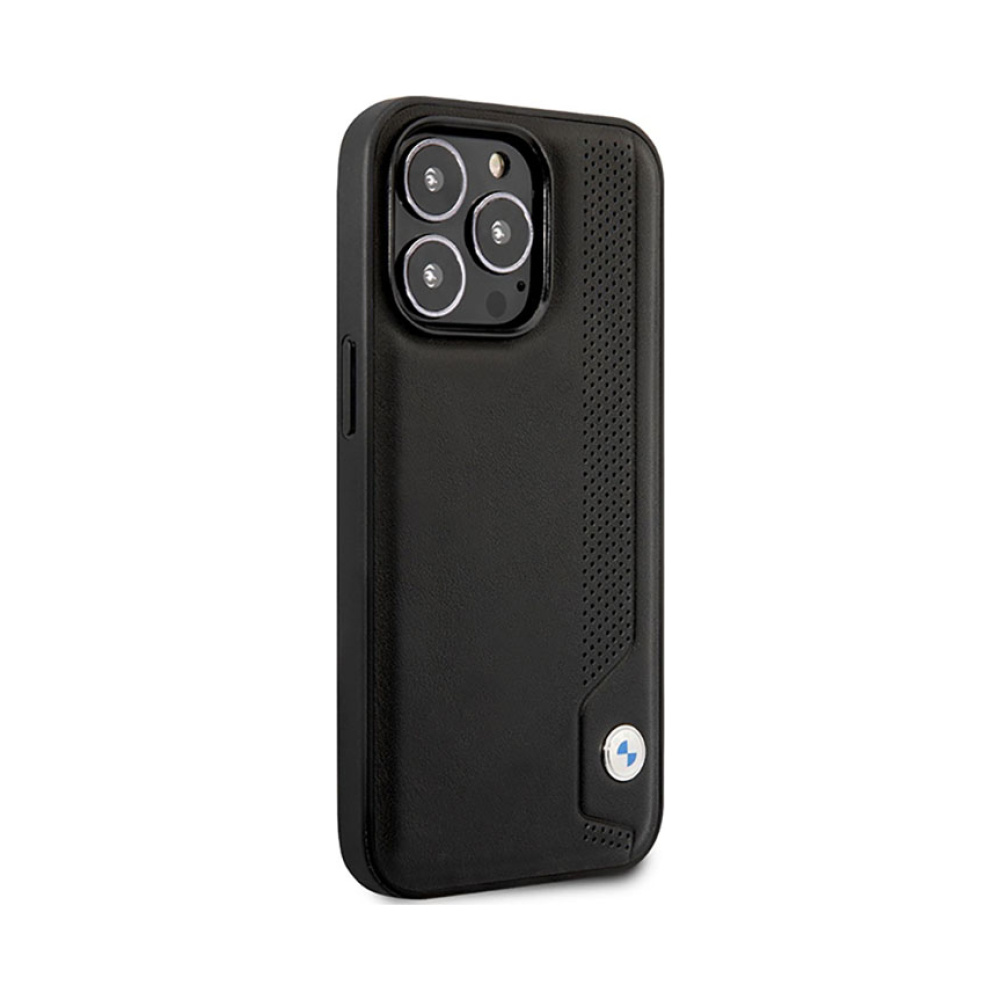 Coque iPhone 14 Pro BMW Leather Blue Dots noire — visuel 4