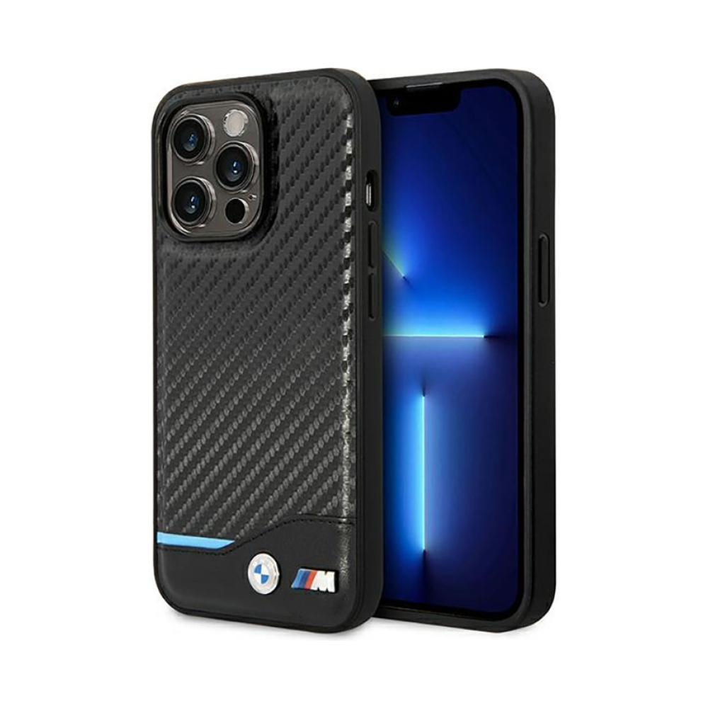 Coque iPhone 14 Pro BMW Leather Carbon Blue Line noire