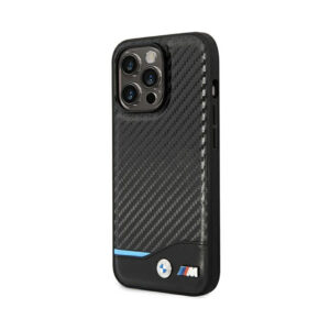 Coque iPhone 14 Pro BMW Leather Carbon Blue Line noire — visuel 2