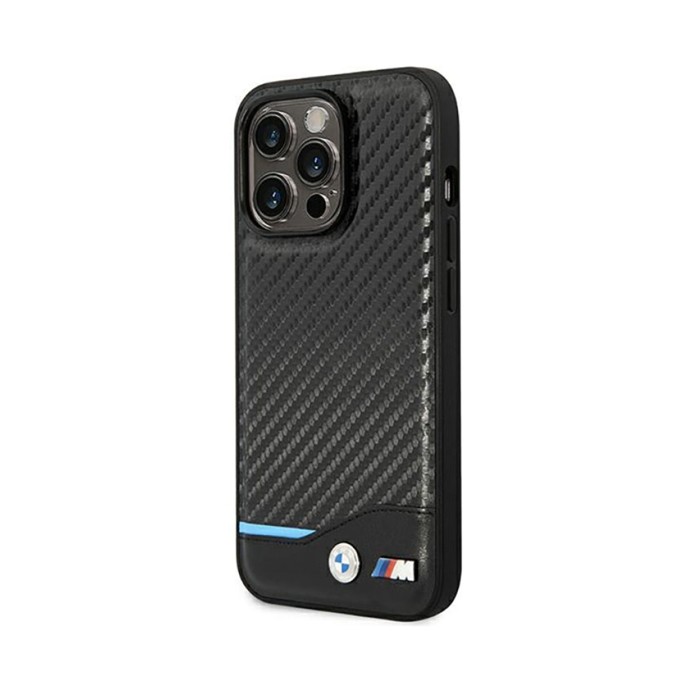 Coque iPhone 14 Pro BMW Leather Carbon Blue Line noire — visuel 2