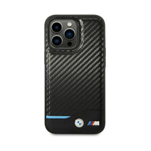 Coque iPhone 14 Pro BMW Leather Carbon Blue Line noire — visuel 3