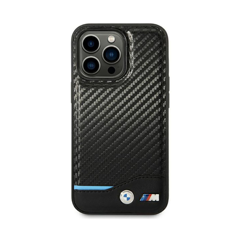 Coque iPhone 14 Pro BMW Leather Carbon Blue Line noire — visuel 3