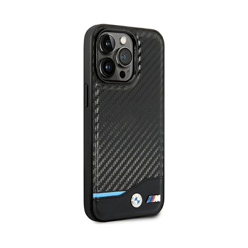 Coque iPhone 14 Pro BMW Leather Carbon Blue Line noire — visuel 4
