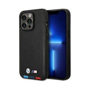 Coque iPhone 14 Pro BMW Leather Hot Stamp Tricolor MagSafe noire