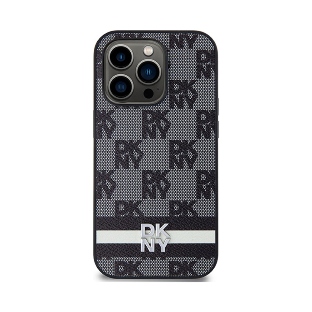 Coque iPhone 14 Pro DKNY Leather Checkered Mono Pattern & Printed Stripes noire — visuel 3