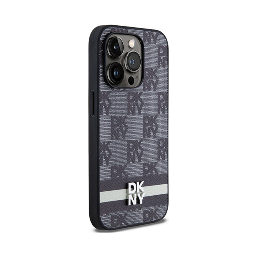 Coque iPhone 14 Pro DKNY Leather Checkered Mono Pattern & Printed Stripes noire — visuel 4