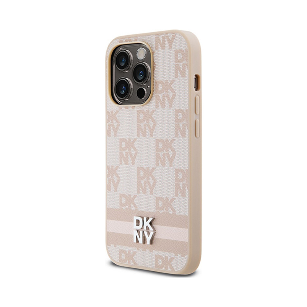 Coque iPhone 14 Pro DKNY Leather Checkered Mono Pattern & Printed Stripes rose — visuel 2