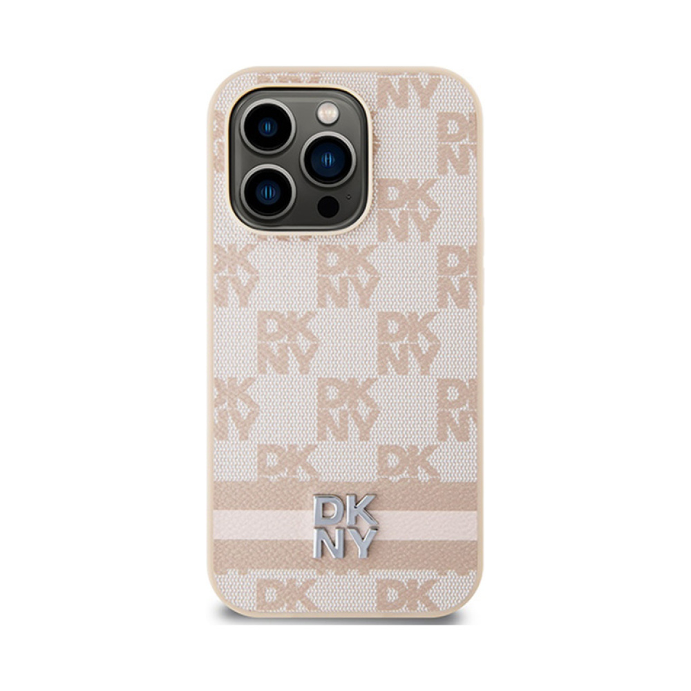 Coque iPhone 14 Pro DKNY Leather Checkered Mono Pattern & Printed Stripes rose — visuel 3