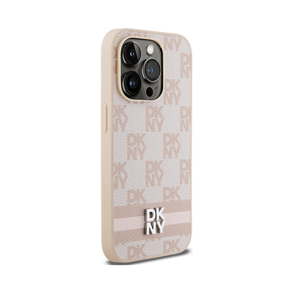 Coque iPhone 14 Pro DKNY Leather Checkered Mono Pattern & Printed Stripes rose — visuel 4