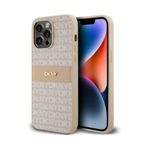 Coque iPhone 14 Pro DKNY Leather Mono Stripe & Metal Logo rose