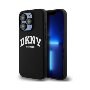 Coque iPhone 14 Pro DKNY Liquid Silicone White Printed Logo MagSafe noire