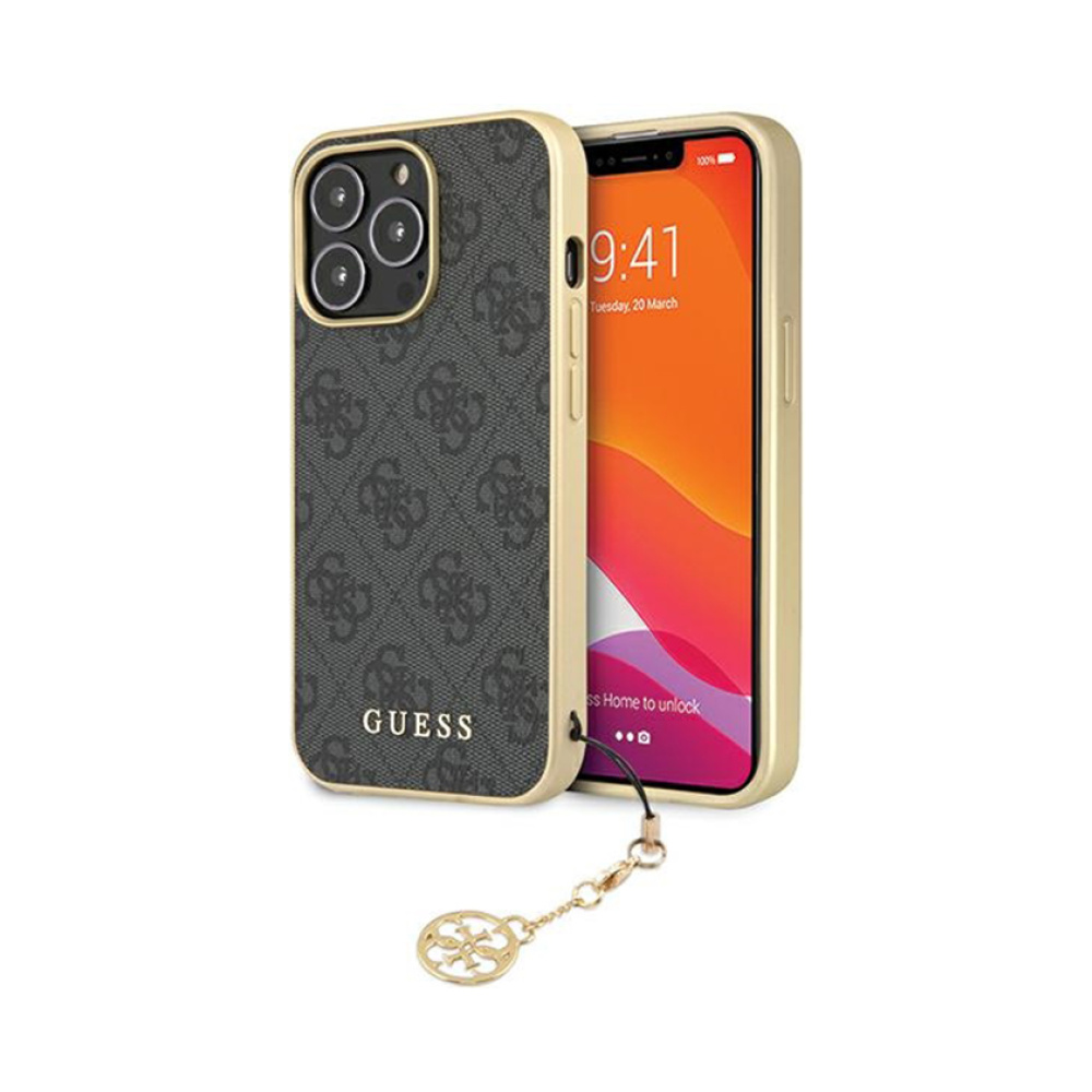 Coque iPhone 14 Pro Guess 4G Charms Collection grise