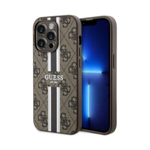 Coque iPhone 14 Pro Guess 4G Printed Stripes MagSafe brune