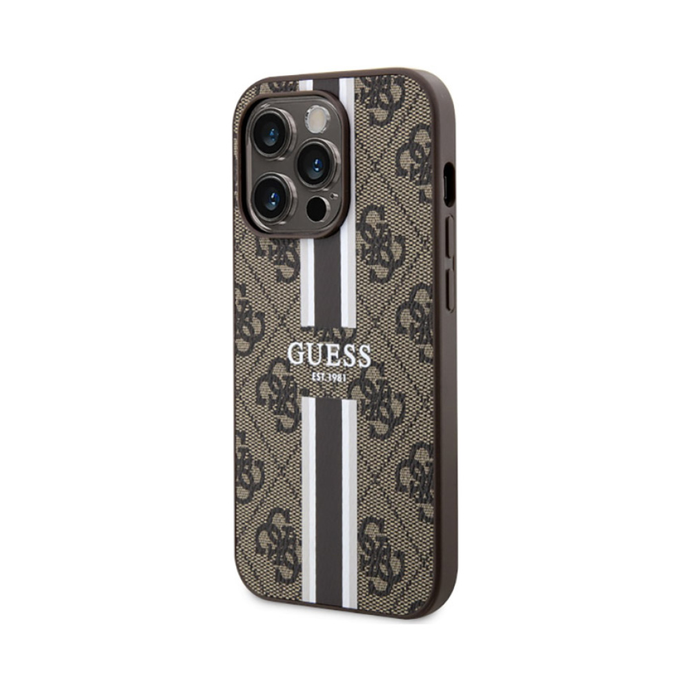 Coque iPhone 14 Pro Guess 4G Printed Stripes MagSafe brune — visuel 2