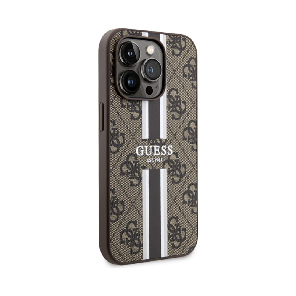 Coque iPhone 14 Pro Guess 4G Printed Stripes MagSafe brune — visuel 4