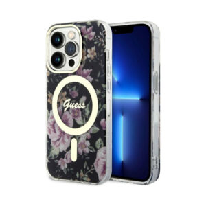 Coque iPhone 14 Pro Guess Flower MagSafe noire