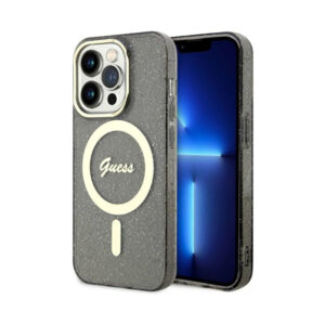 Coque iPhone 14 Pro Guess Glitter Gold MagSafe noire