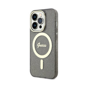 Coque iPhone 14 Pro Guess Glitter Gold MagSafe noire — visuel 2