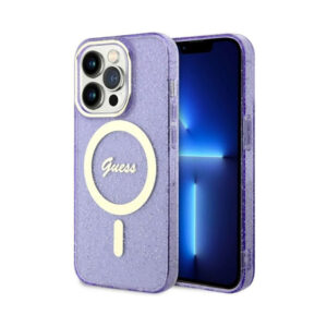 Coque iPhone 14 Pro Guess Glitter Gold MagSafe violette
