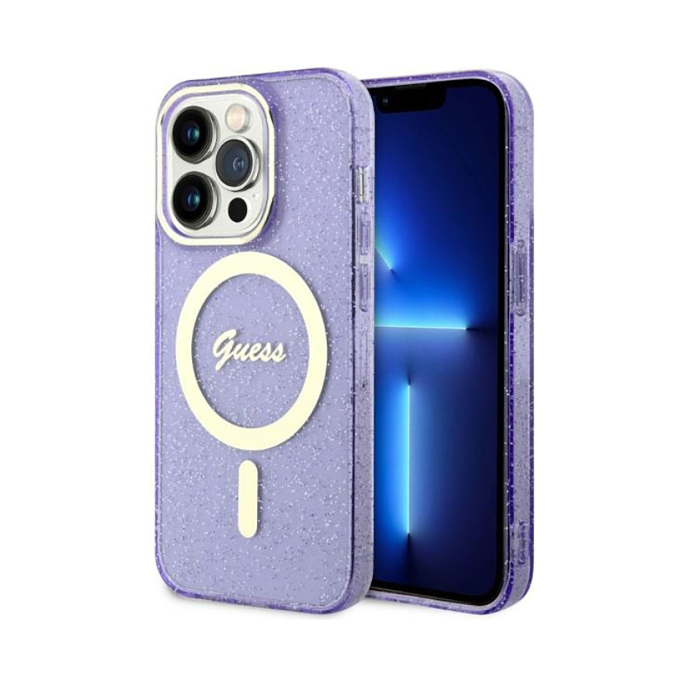 Coque iPhone 14 Pro Guess Glitter Gold MagSafe violette