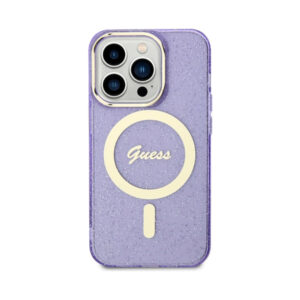 Coque iPhone 14 Pro Guess Glitter Gold MagSafe violette — visuel 3