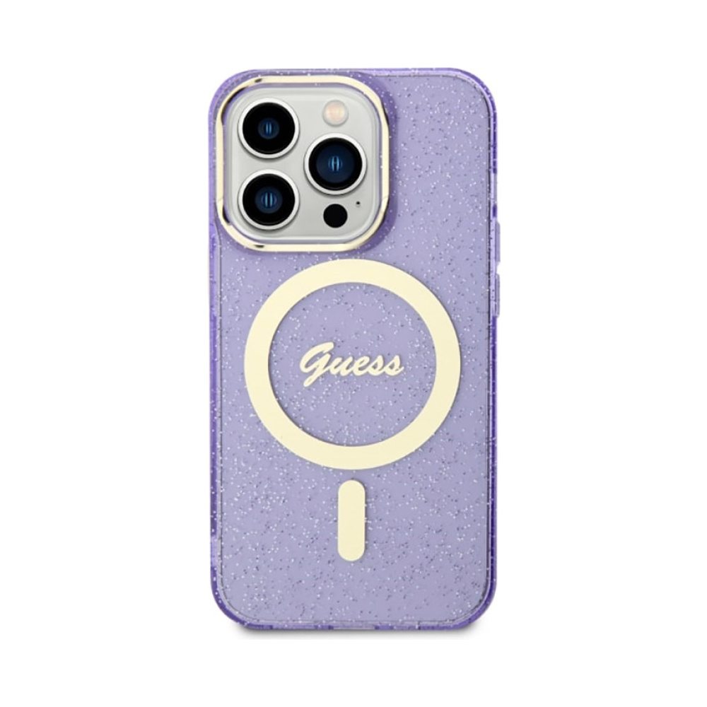Coque iPhone 14 Pro Guess Glitter Gold MagSafe violette — visuel 3