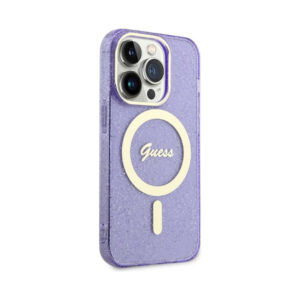 Coque iPhone 14 Pro Guess Glitter Gold MagSafe violette — visuel 4