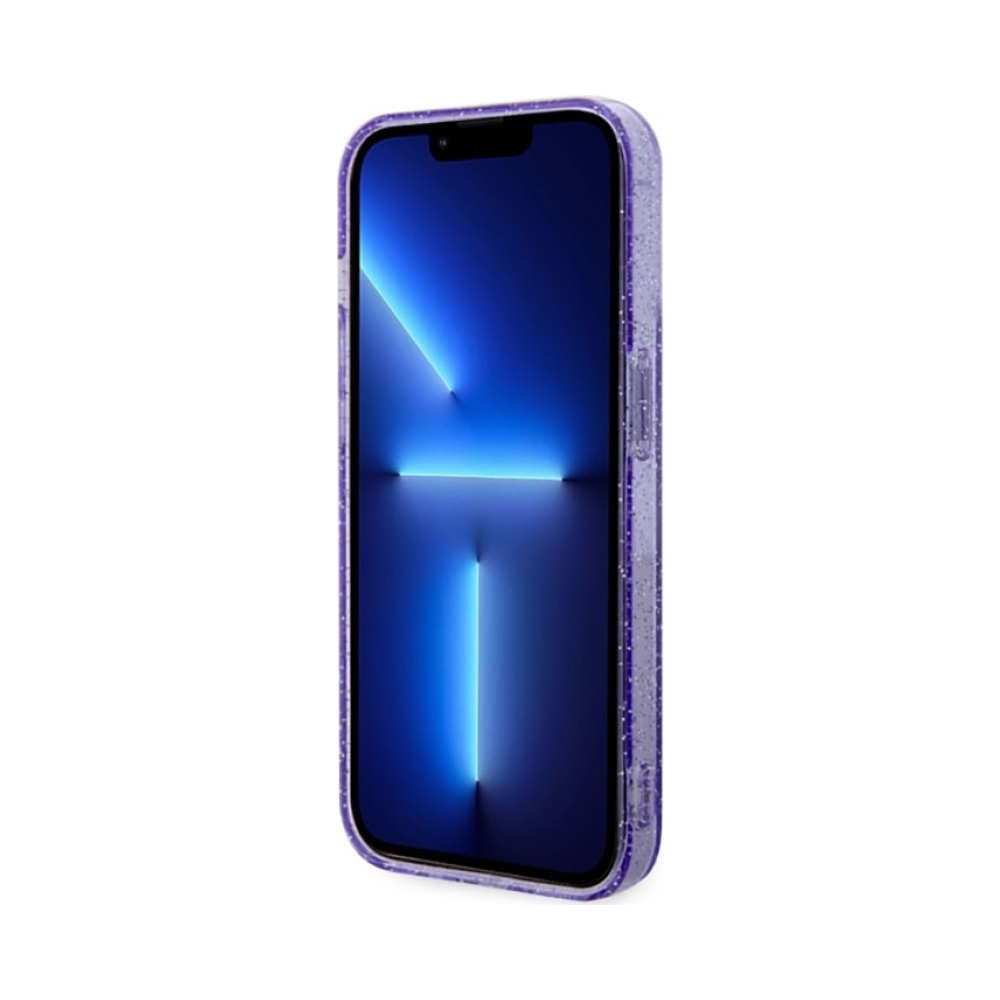 Coque iPhone 14 Pro Guess Glitter Gold MagSafe violette — visuel 5